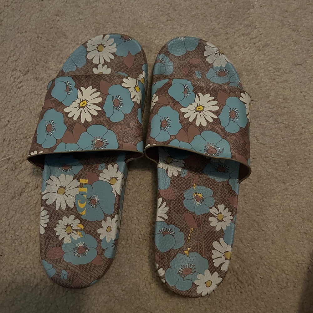 Coach Floral Slide Sandals - Blue and Brown